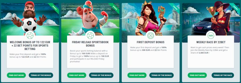 Bonuses and prizes from 22bet